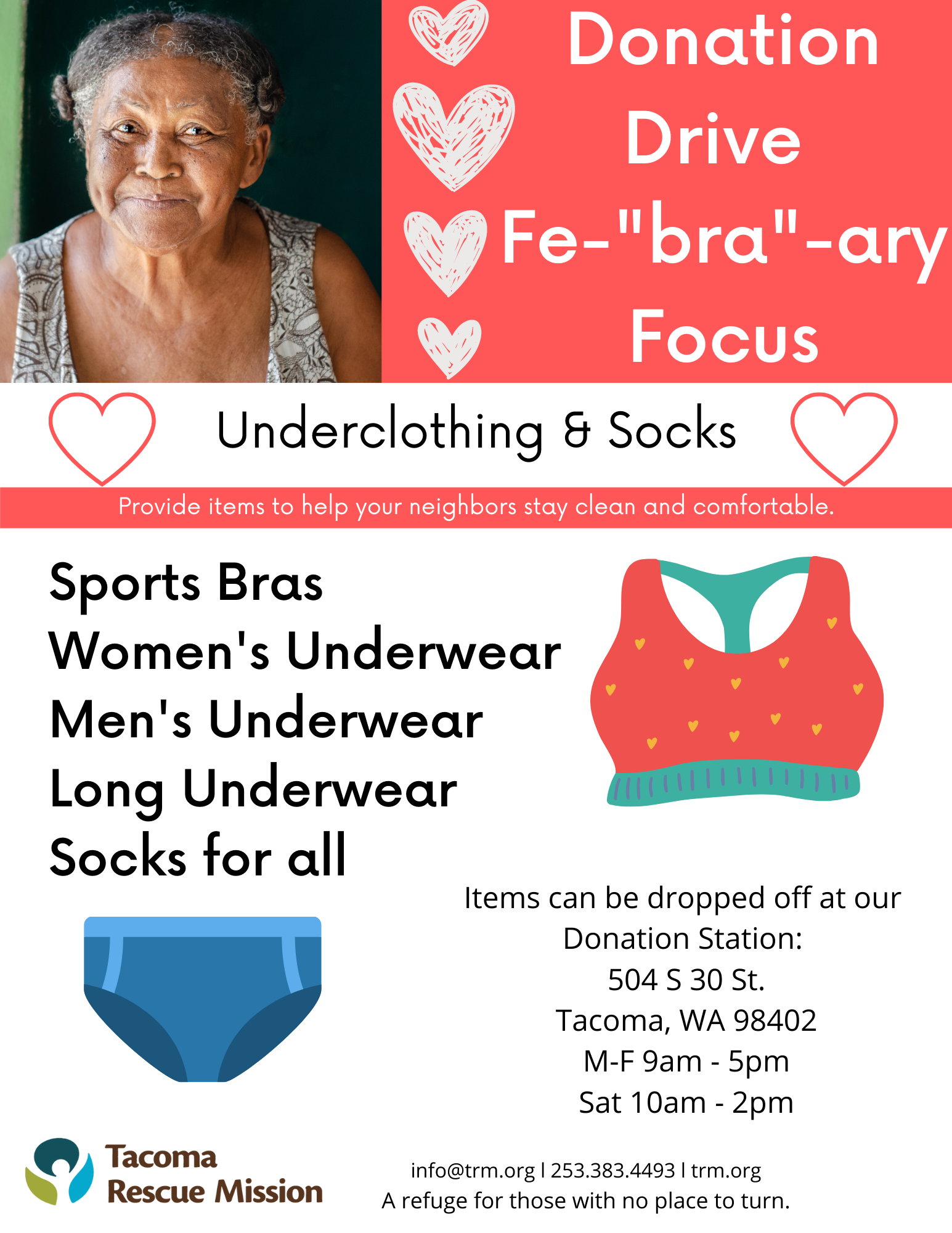 Tacoma Rescue Mission - We are kicking off our Feb-BRA-ary Drive! What is  our Feb-BRA-ary Drive you ask? It's a donation drive dedicated to  collecting donations of underwear, bras, athletic wear like